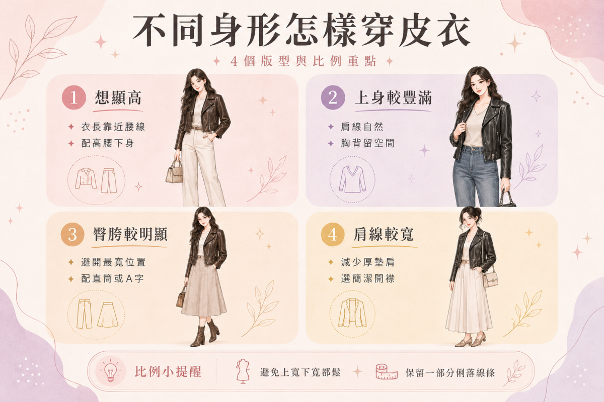 不同身形皮衣選款與穿搭指南圖：拉高比例、上半身豐滿、臀胯明顯與肩寬身形的皮衣版型挑選對照。