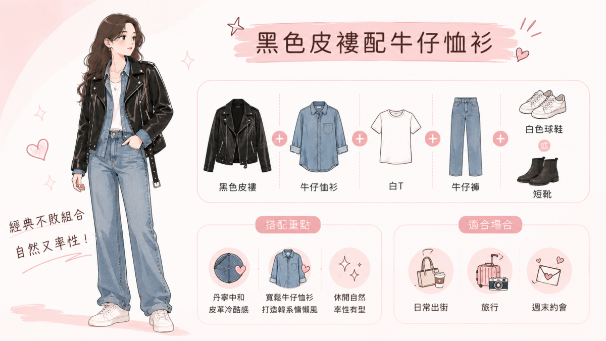黑色皮褸與藍色牛仔恤衫是經典不敗組合，丹寧的休閒感可以中和皮革帶來的冷酷氣質，讓整體造型更自然。