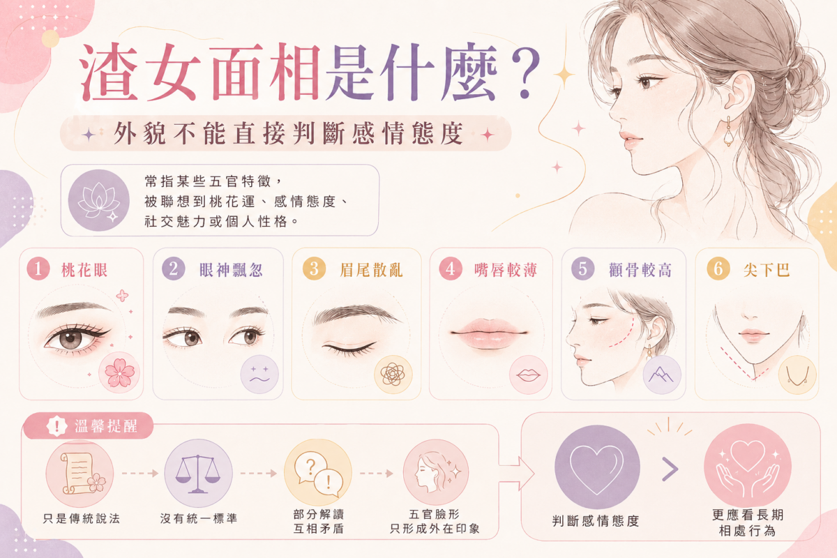 傳統面相中的渣女特徵與現代感情態度理性理解對照圖：包含桃花眼、眼神飄忽、眉尾散亂等五官特徵，以及長期相處行為才是真正判斷標準。