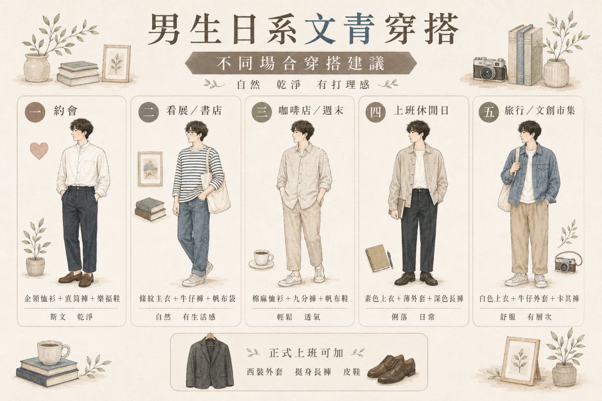 男生文青穿搭場合指南：約會、看展、咖啡店、上班休閒、文創市集的男裝搭配公式與必備單品圖解