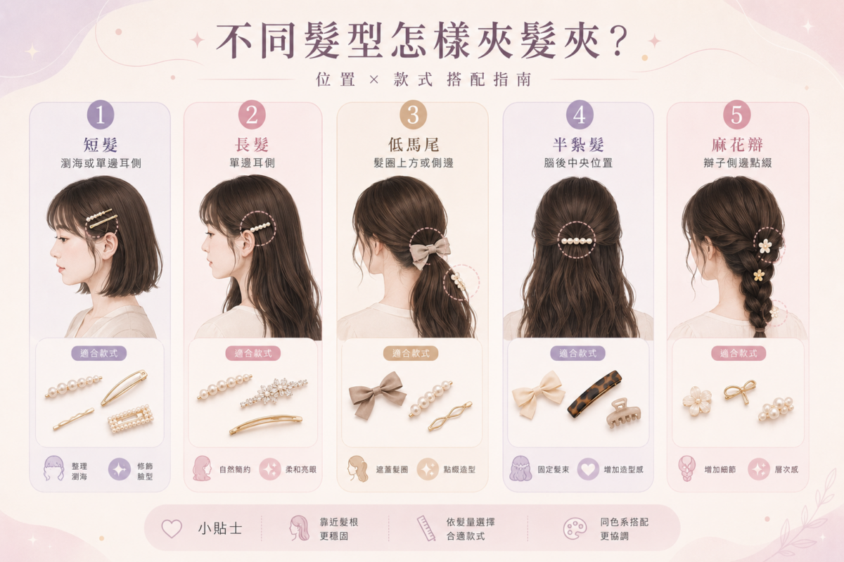 5種不同髮型髮夾夾法對照圖:短髮、長髮、低馬尾、半紮髮與麻花辮的髮飾配搭位置與款式推薦懶人包。