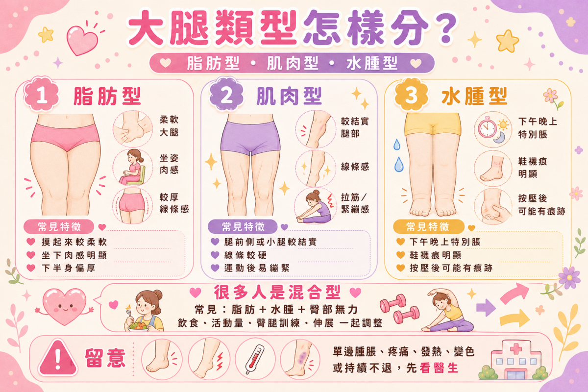 脂肪型、肌肉型與水腫型大腿特徵對比資訊圖表，以三欄卡片與簡約線條插圖呈現三種腿型的自我檢測要點，包含肉感柔軟、肌肉結實、晚間腫脹與鞋襪壓痕等常見特徵辨識。