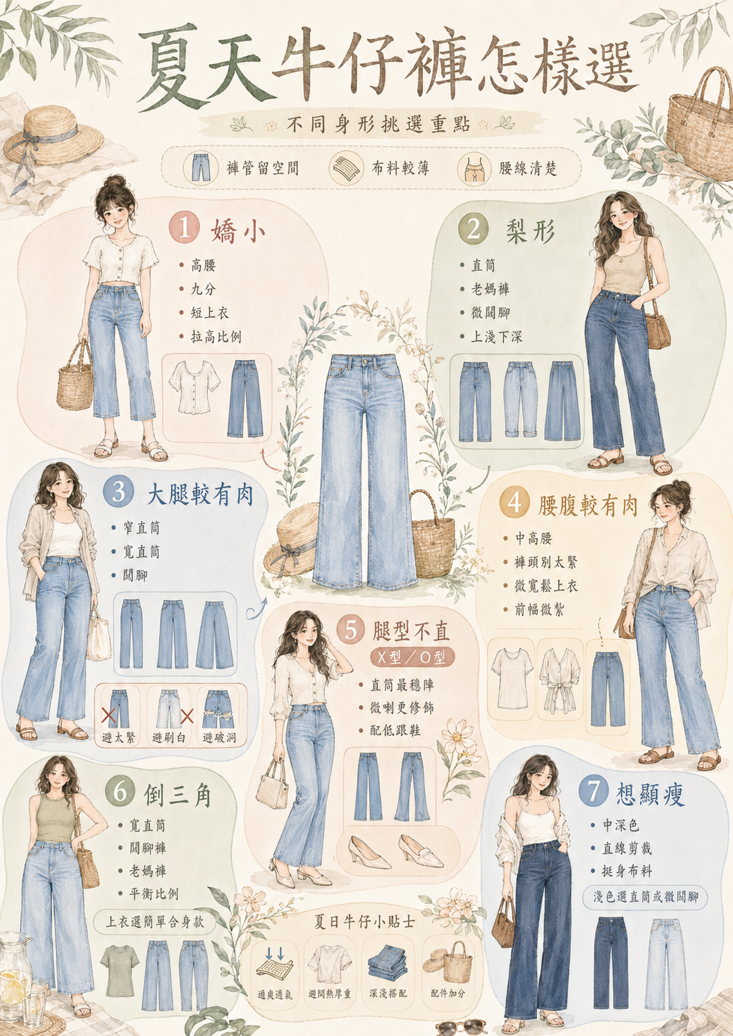 不同身形女生夏天牛仔褲選購指南資訊圖:一圖速查嬌小、梨形、大腿有肉、腰腹有肉、X/O型腿、倒三角身形及顯瘦需求的牛仔褲版型挑選與穿搭技巧。