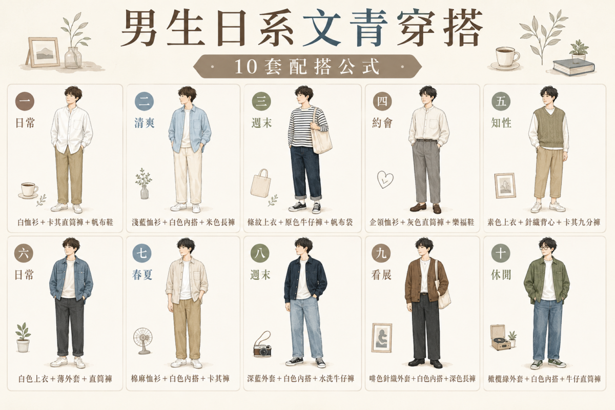 10套日系文青男裝穿搭公式圖解速查表，涵蓋白襯衫、卡其褲、針織背心、工裝外套與直筒牛仔褲的日常搭配組合方案。