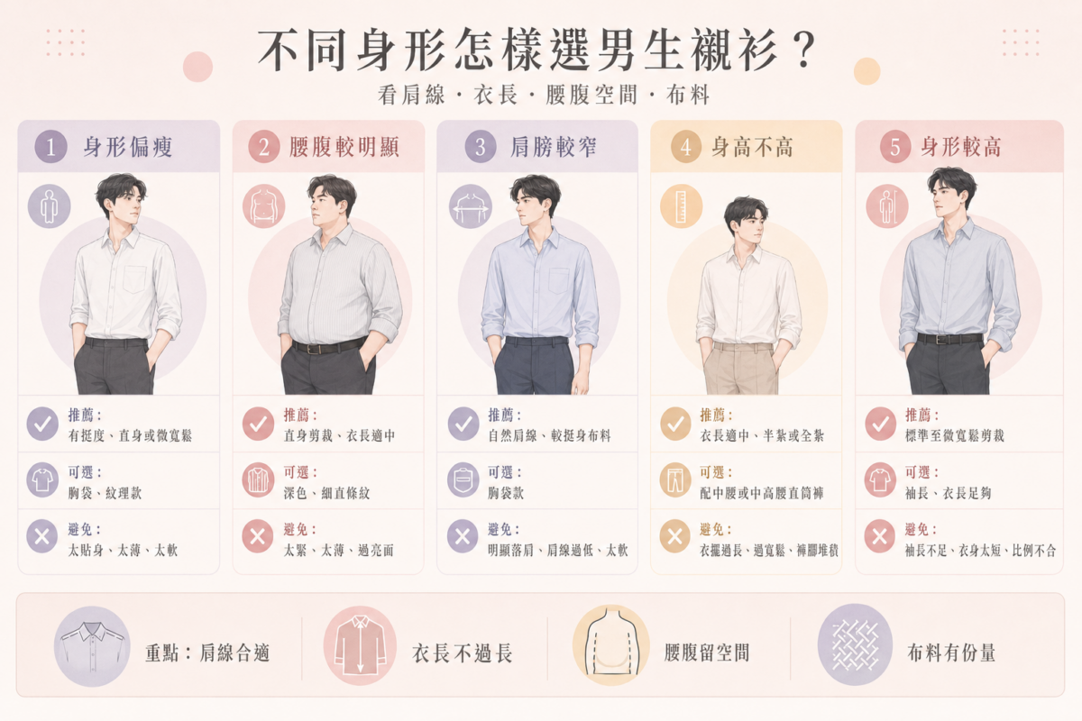 5種常見男生身形（偏瘦、腰腹明顯、窄肩、不高、較高）的襯衫挑選指南對照圖鑑：包含剪裁、肩線、布料厚薄的推薦款式與避雷款式視覺對照表。