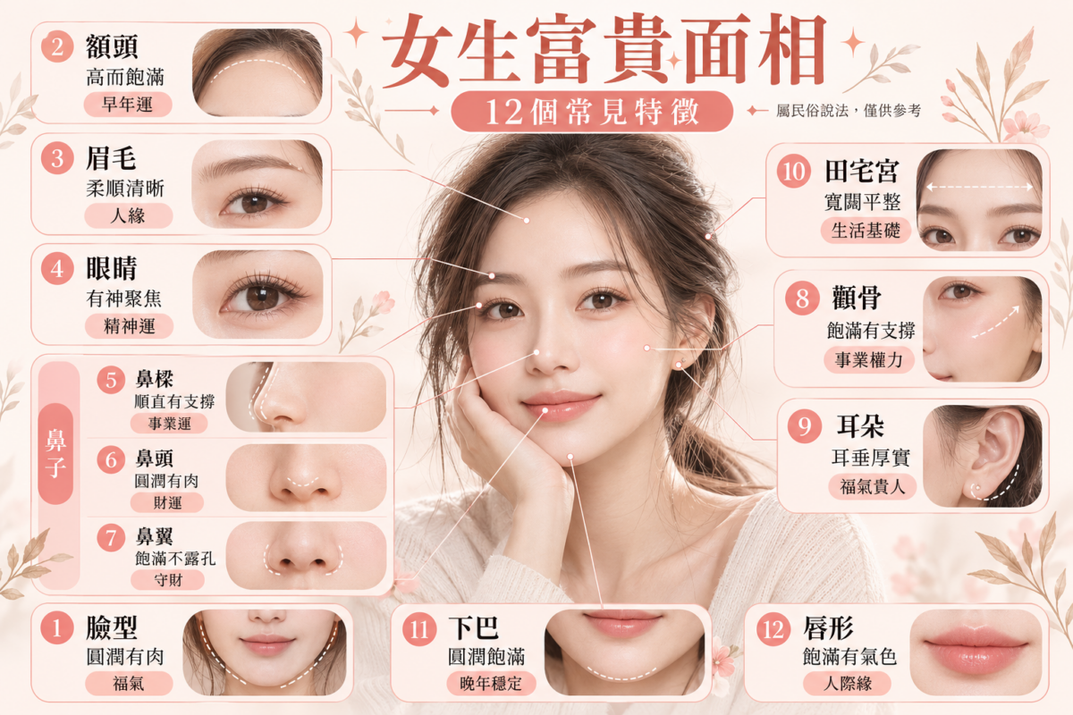 12個女生富貴面相特徵圖解：額頭、眉眼、鼻頭、下巴、耳朵與臉型等部位面相特徵與民間說法對照。