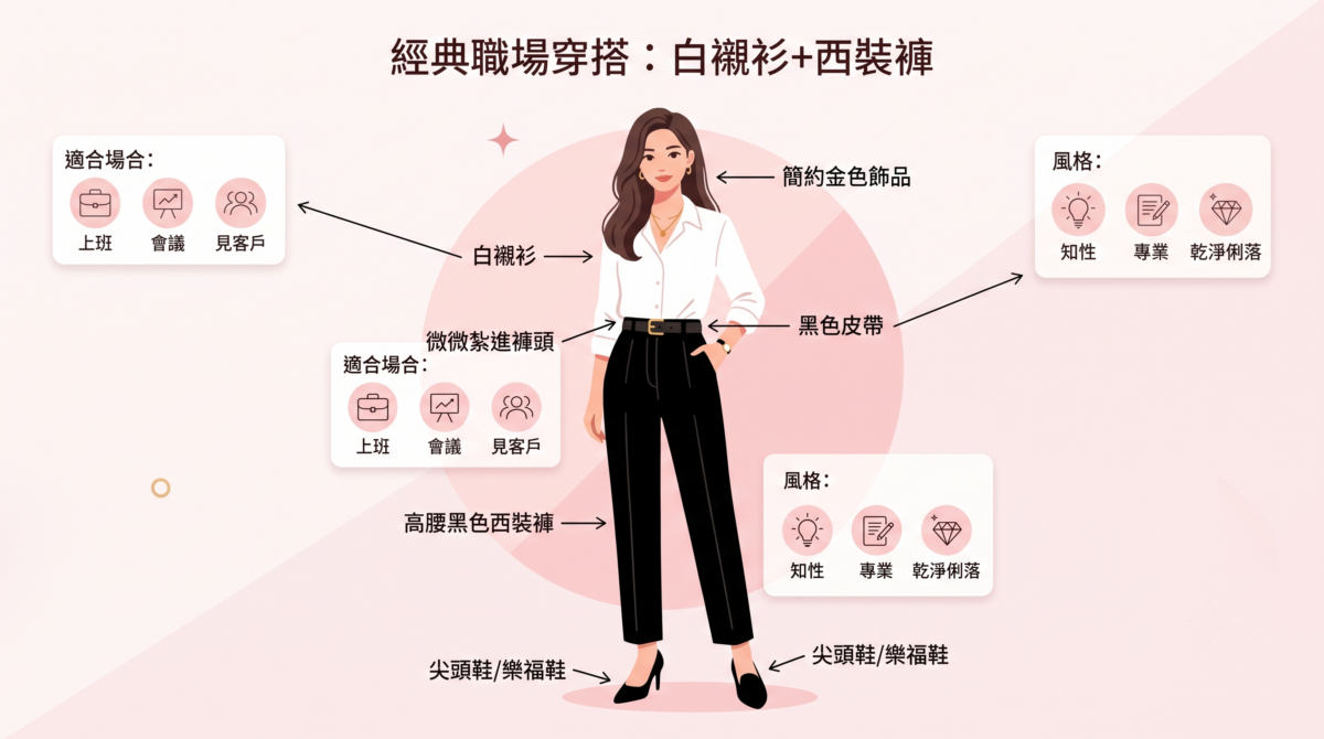 白襯衫絕對是微正式穿搭中的入門單品。搭配高腰黑色西裝褲，簡單卻能立即提升氣場。