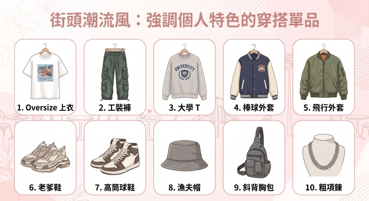 街頭潮流風是一種強調個人特色與態度的穿搭方式，沒有固定規則，反而鼓勵透過不同單品混搭，展現自己的風格。