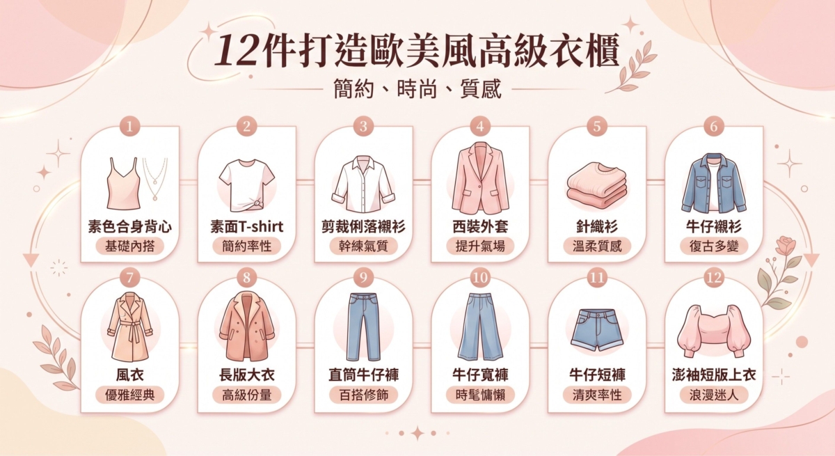 想建立完整的歐美風穿搭風格，不需要一次購入大量服飾。從以下12件經典單品開始，就能組合出大量日常造型。