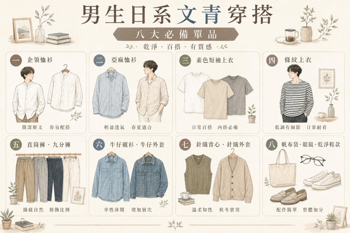 文青男裝8大必備百搭單品指南資訊圖：一圖速查企領恤衫、亞麻恤衫、素色T恤、卡其褲、牛仔外套與針織背心等日系文青風基本款特點。
