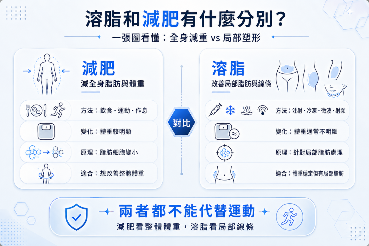 減肥與溶脂療程差異比較圖：解析全身減重與局部塑形的脂肪細胞變化及核心目標。