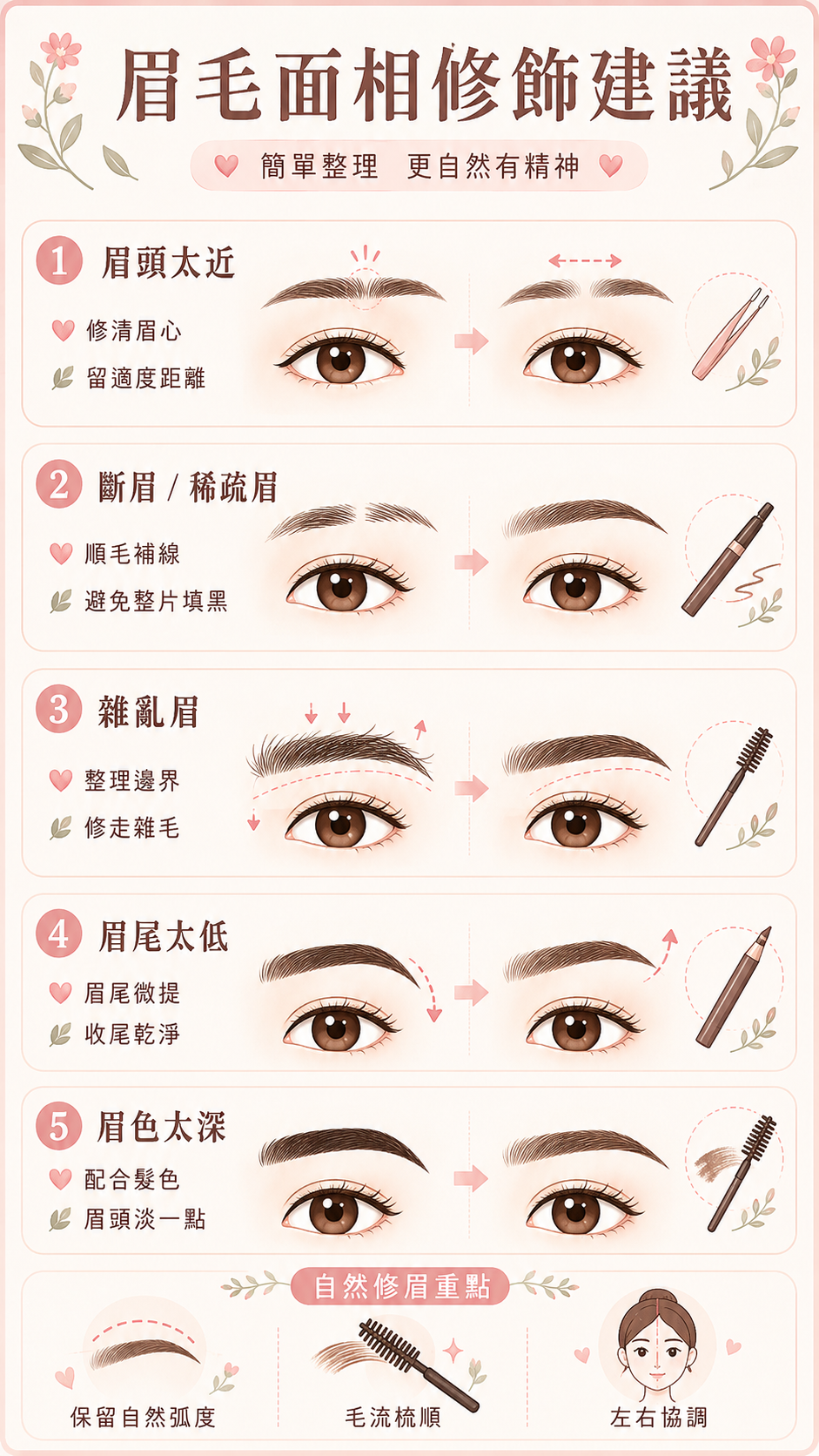 5大眉型困擾修飾對照表:眉頭太近、斷眉、雜亂眉、眉尾太低、眉色太深的修眉與畫眉技巧速查圖。