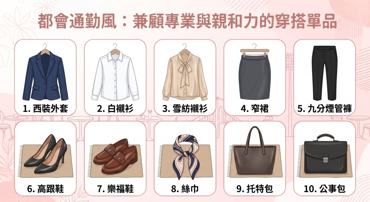 都會通勤風兼顧正式感與舒適度，是許多上班族女性最常選擇的穿搭風格。