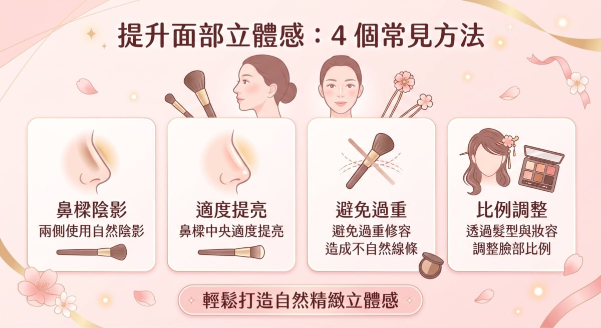 想改善山根低帶來的平面感，可以透過修容與打亮調整視覺效果。