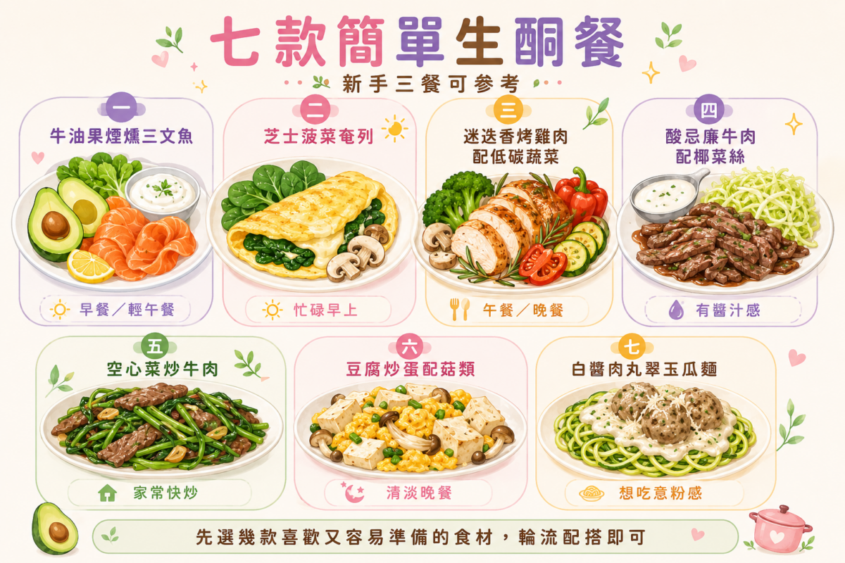 7款簡單生酮餐推介資訊圖:專為新手設計的生酮飲食三餐菜單懶人包,包含牛油果三文魚、芝士菠菜奄列、烤雞肉、炒牛肉及翠玉瓜麵等減脂備餐指南。