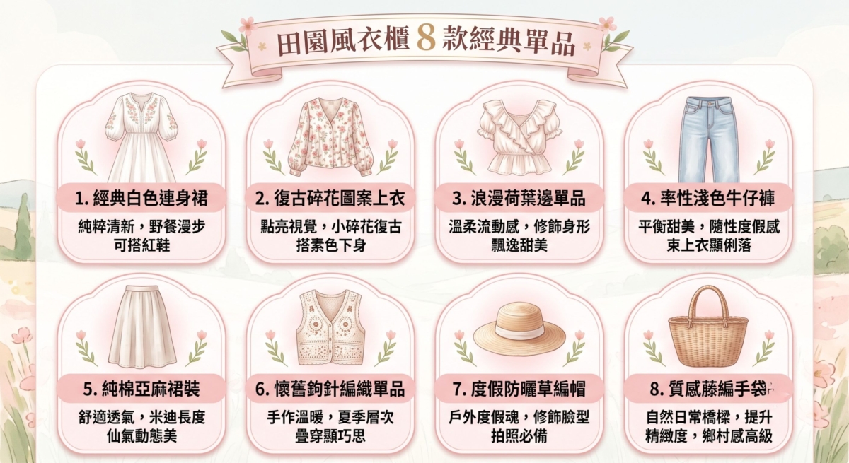 一張粉色調的田園風衣櫥資訊圖表，列出 8 款經典單品，包含白色連身裙、碎花上衣、荷葉邊單品、淺色牛仔褲、棉麻裙、鉤針編織、草編帽與藤編手袋的插畫與搭配建議。