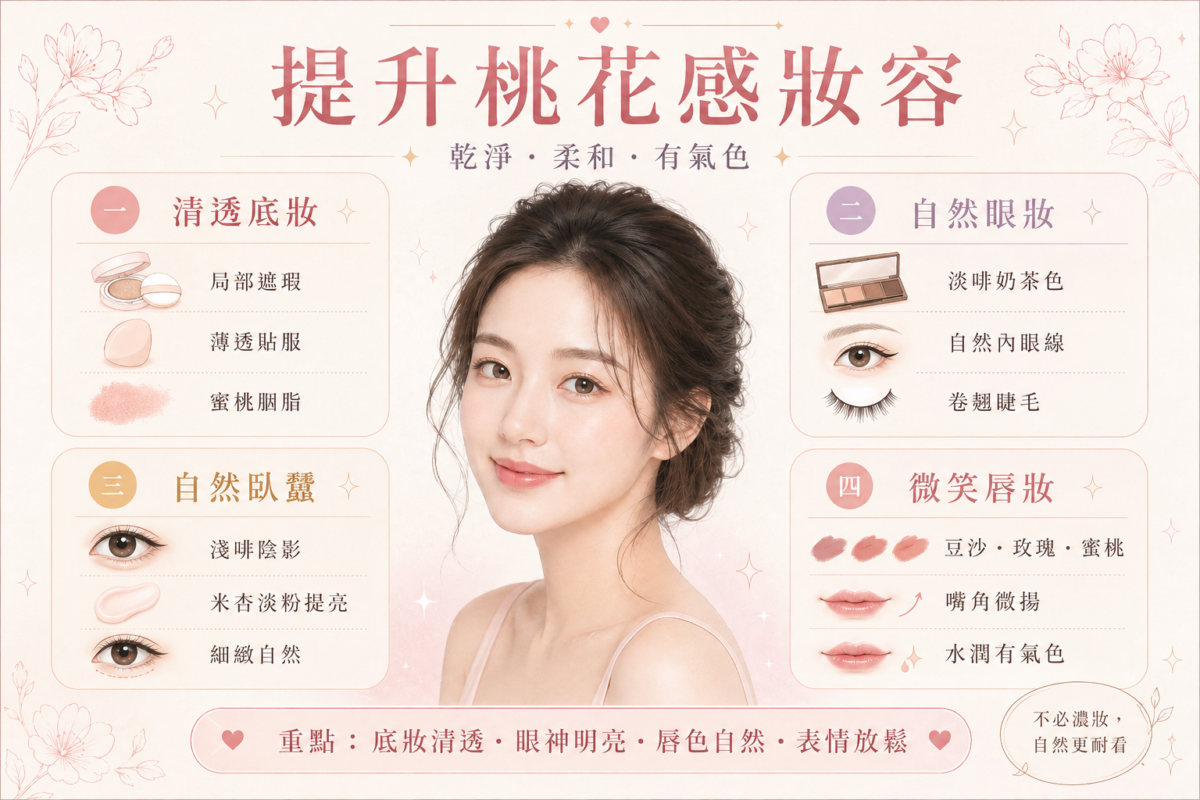 打造自然桃花感妝容資訊圖,包含乾淨底妝、柔和眼神、水潤氣色的圖文說明,並提供底妝、眼影、胭脂和唇膏的詳細推薦色系色塊,幫助讀者快速掌握「乾淨、柔和、有氣色」的妝容重點。