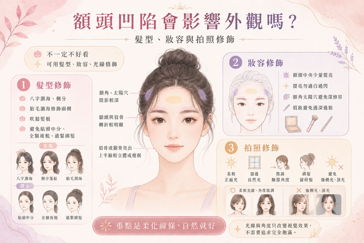 額頭與太陽穴輪廓位置對照圖:標示額頭中央、額角、眉骨上方與太陽穴位置差異解析。