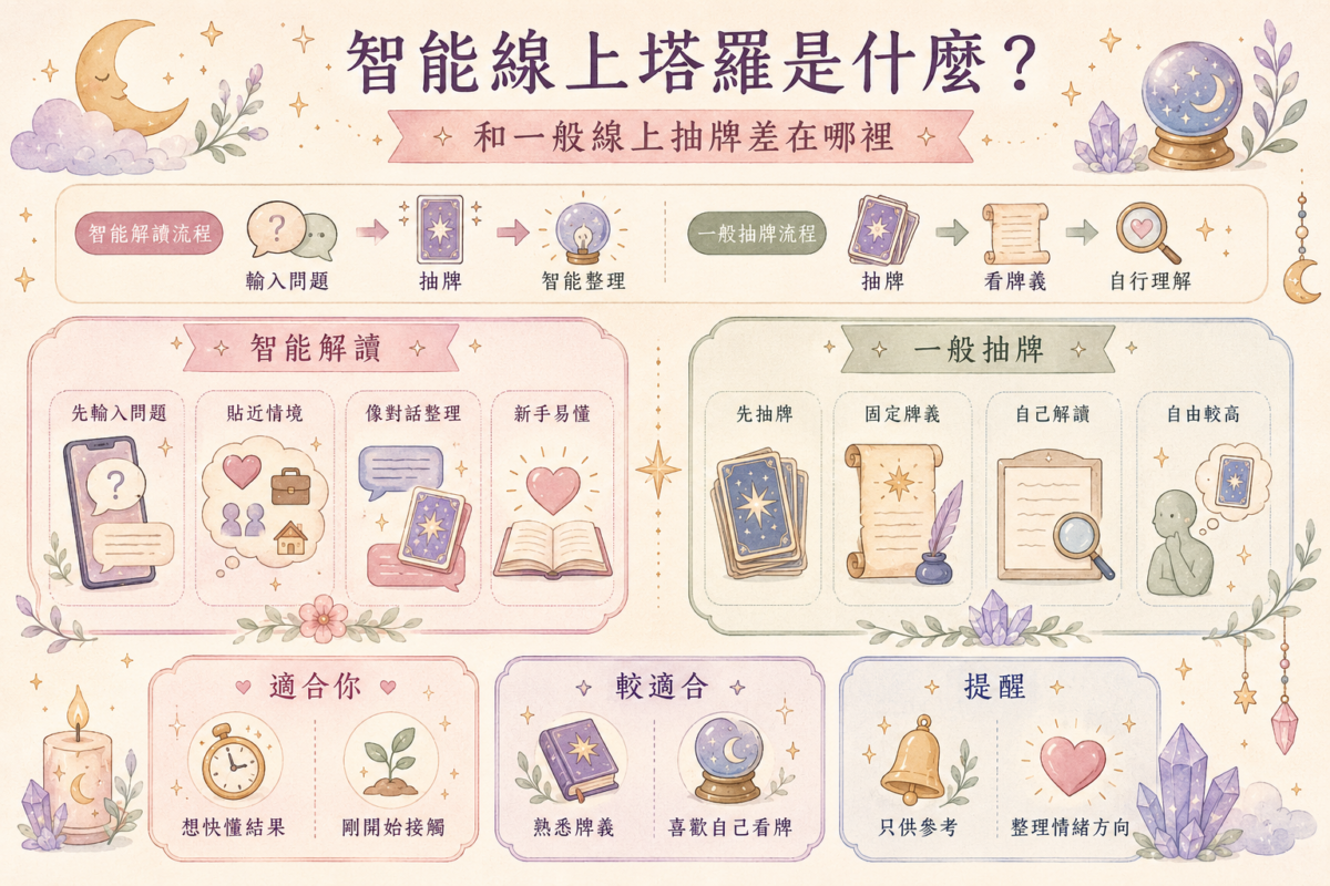 線上塔羅 AI 與傳統免費線上抽牌的對比圖表，詳細比較兩者在運作方式、解讀體驗、適用對象的差異，幫助讀者根據自身熟悉度選擇合適的線上抽牌工具。