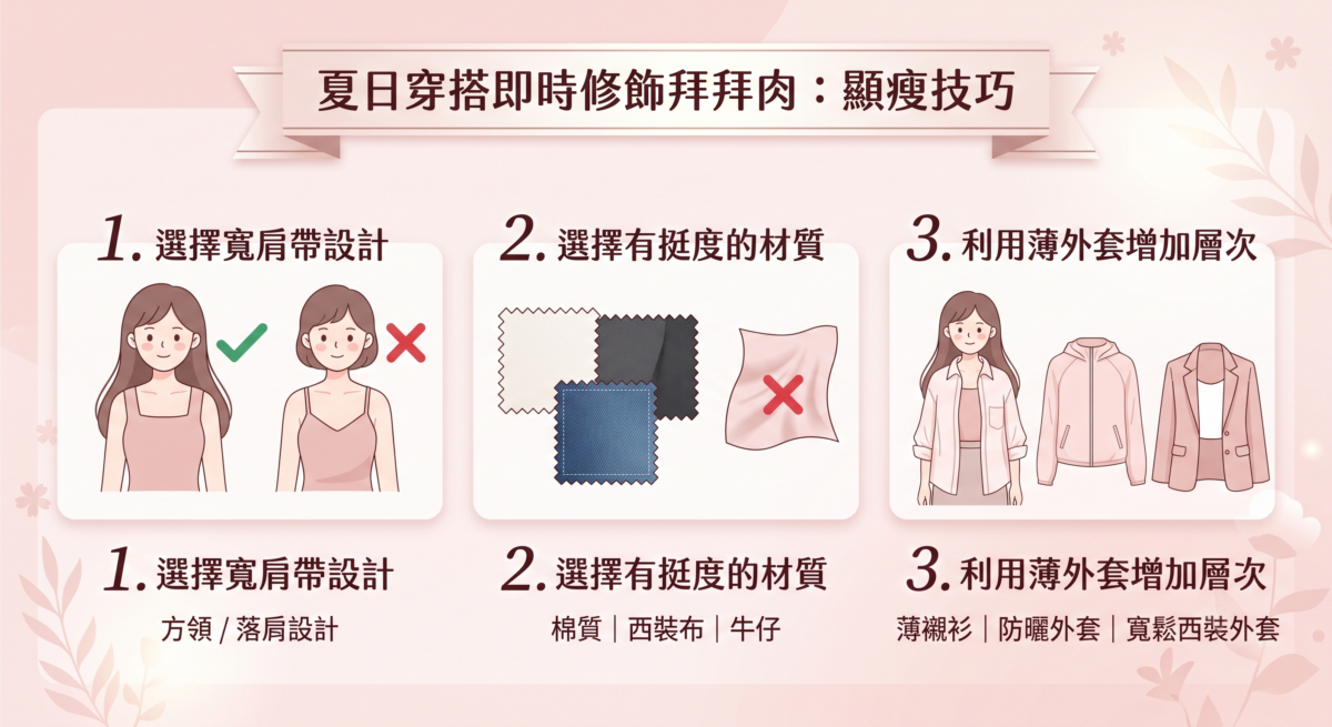 如果想立即穿上背心，但又想修飾手臂比例，可以從穿搭入手。