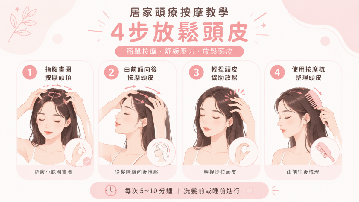 即使未能定期到美容院做頭療，在家也可以透過簡單按摩幫助舒緩頭部壓力。