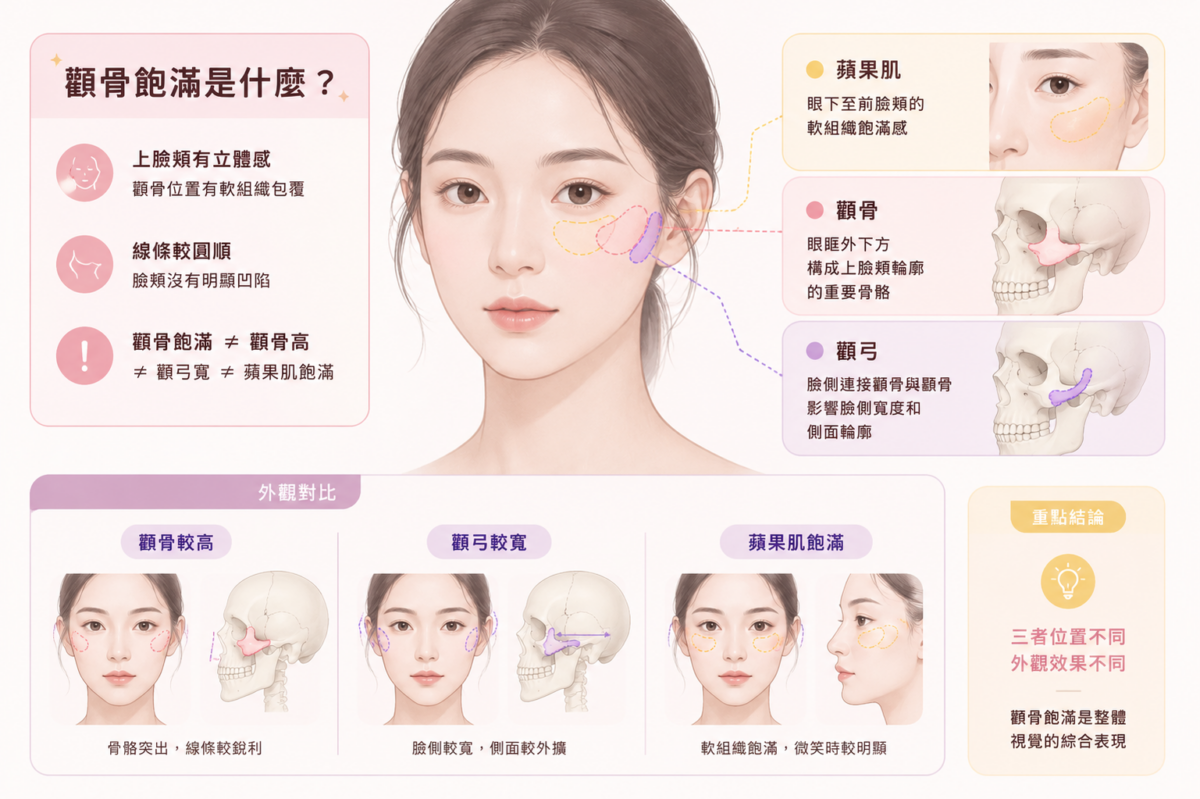 顴骨、顴弓與蘋果肌位置差異圖解:清晰標示眼眶外下方顴骨、臉側顴弓與眼下軟組織蘋果肌的外觀特徵對照