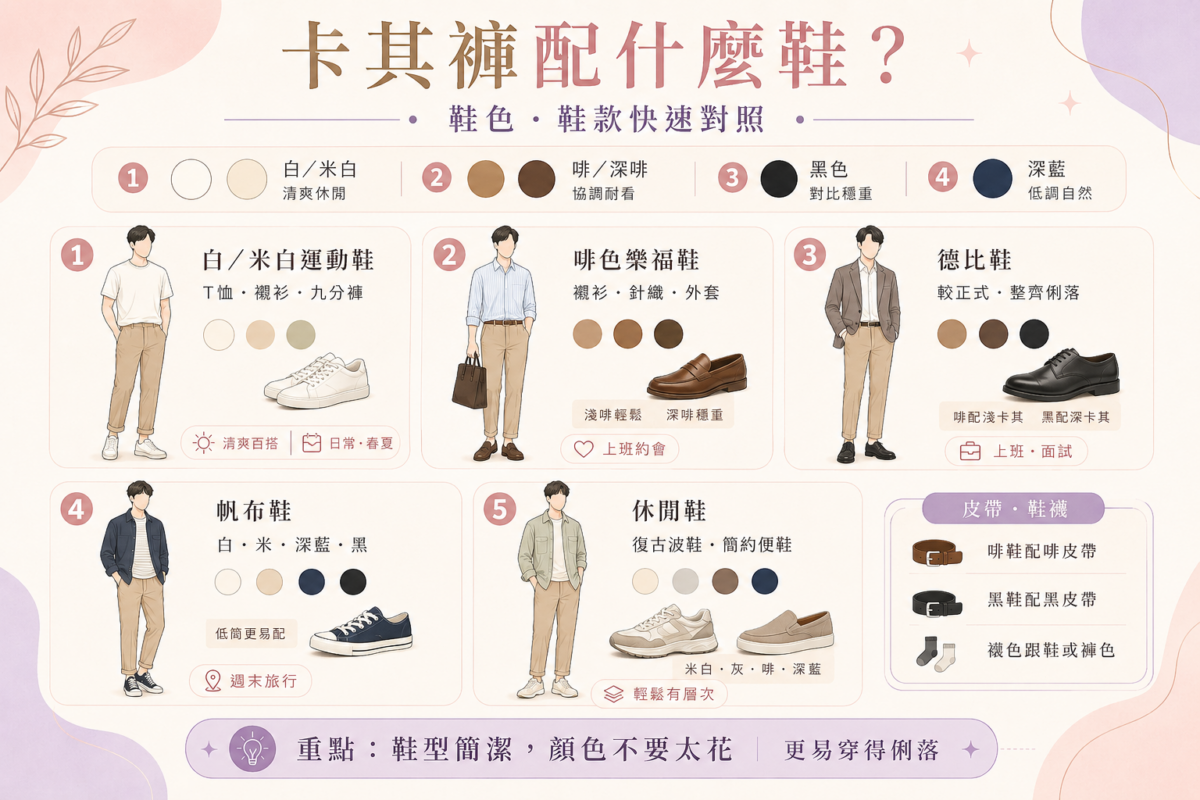 5大鞋款配色速查資訊圖:視覺化導覽卡其褲與運動鞋、樂福鞋、德比鞋、帆布鞋及休閒鞋的配色組合,包含「白色」、「啡色」、「黑色」等,以及不同顏色組合的適用風格與場景。