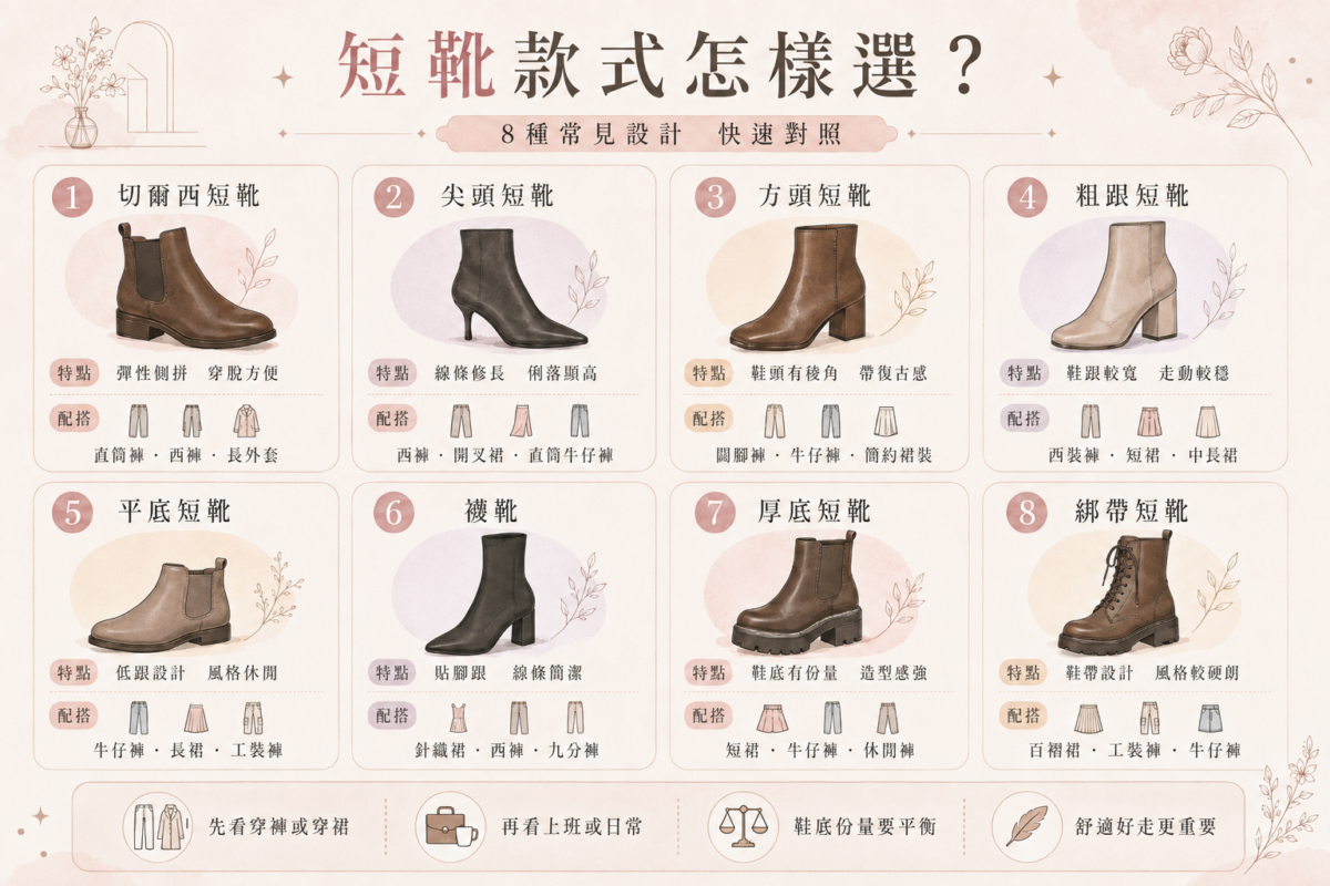 8種常見短boot款式（切爾西靴、尖頭靴、方頭靴、粗跟靴、平底靴、襪靴、厚底靴、綁帶靴）外觀特徵與穿搭建議對照圖。
