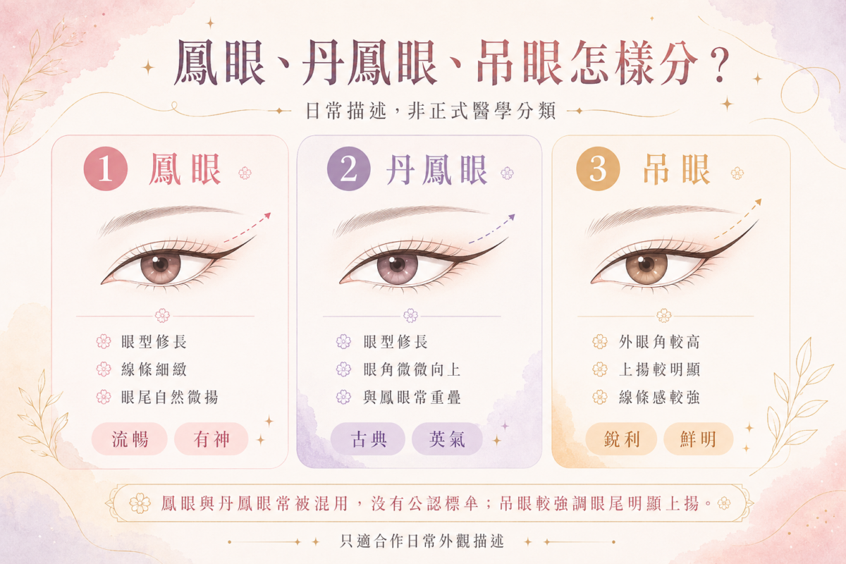 鳳眼、丹鳳眼與吊眼的外觀特徵與眼尾上揚程度比較圖。