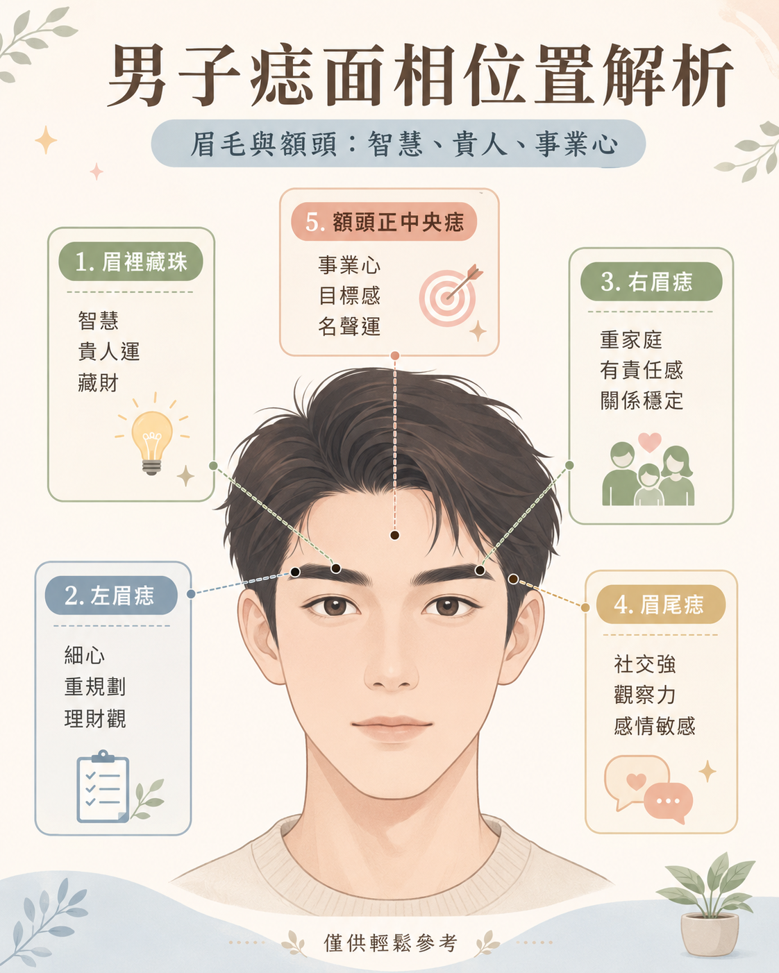 眉毛與額頭痣相特徵圖解:一圖速查眉裡藏珠、左眉痣、右眉痣、眉尾痣與額頭正中央痣的對應位置,解析其所代表的智慧、貴人運與事業心。