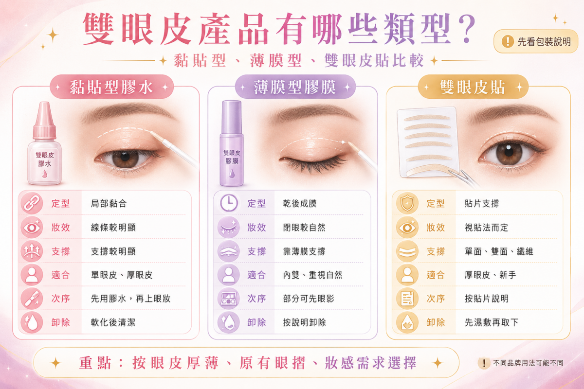 3大常見雙眼皮產品（黏貼型膠水、薄膜型膠膜、雙眼皮貼）定型原理、適合眼型與妝效特點視覺對照圖鑑。