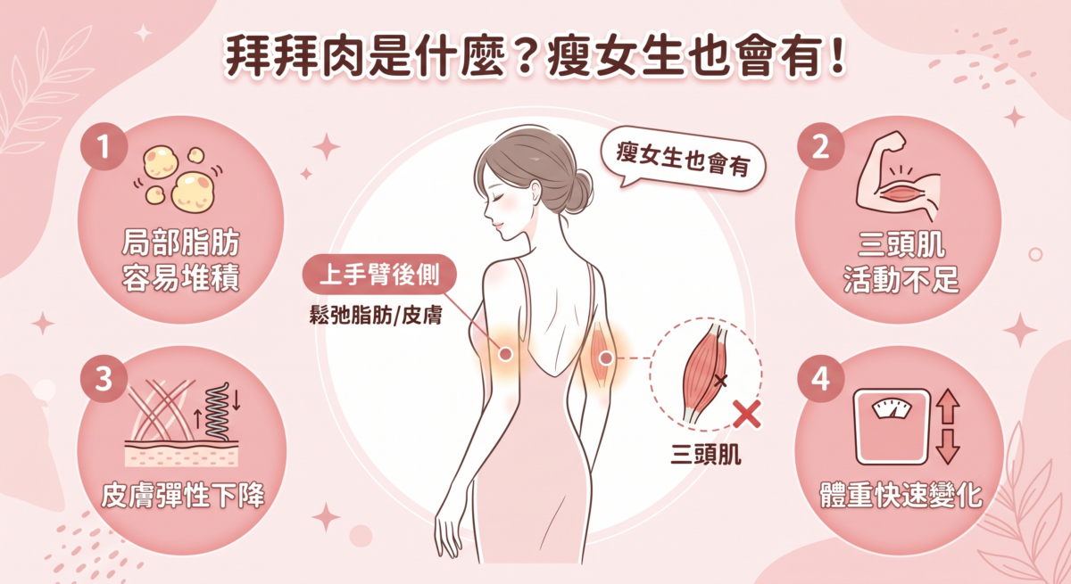 一張資訊圖表解釋「拜拜肉」（上手臂鬆弛）的四個主要成因：局部脂肪堆積、三頭肌活動不足、皮膚彈性下降和體重快速變化。