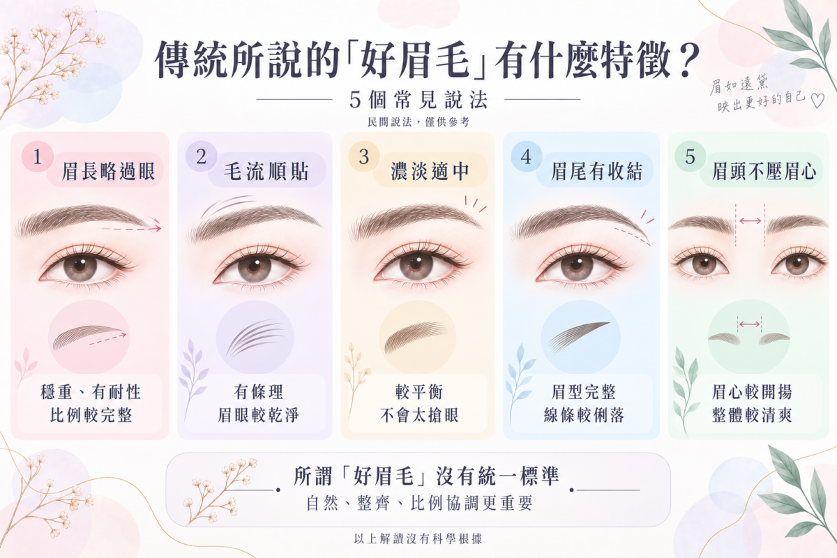 傳統好眉毛5大特徵對照圖,包含眉長、毛流、濃淡、眉尾與眉頭的傳統面相解讀與實際視覺效果分析。