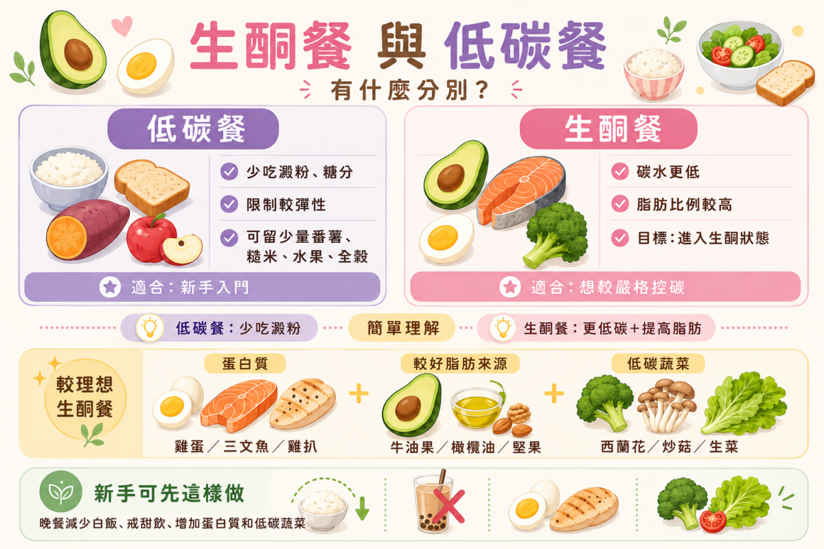 生酮餐與低碳餐差別對比資訊圖:一圖看懂低碳餐(少吃澱粉、限制彈性)與生酮餐(極低碳水、以脂肪和酮體為能量來源)的營養素比例、適用對象及理想生酮餐盤搭配指南。