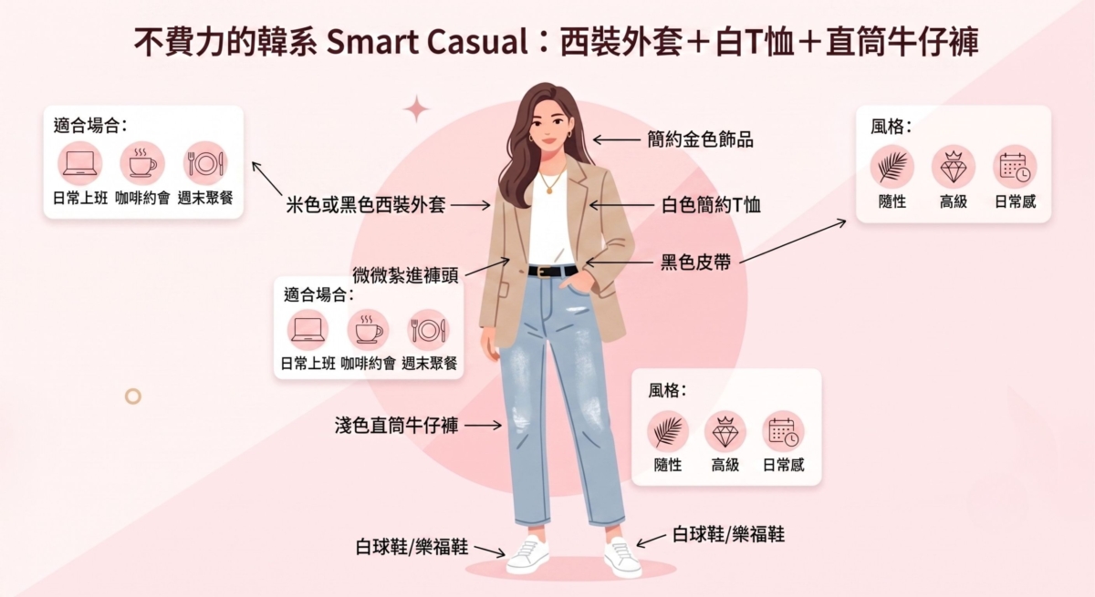 白色 T 恤搭配直筒牛仔褲，再披上一件合身西裝外套，剛好平衡正式與休閒。