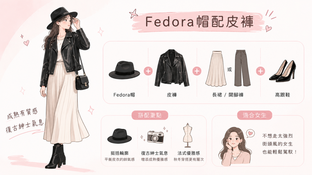 想讓皮外套穿搭女造型更加成熟有質感，可以嘗試加入 Fedora 帽。