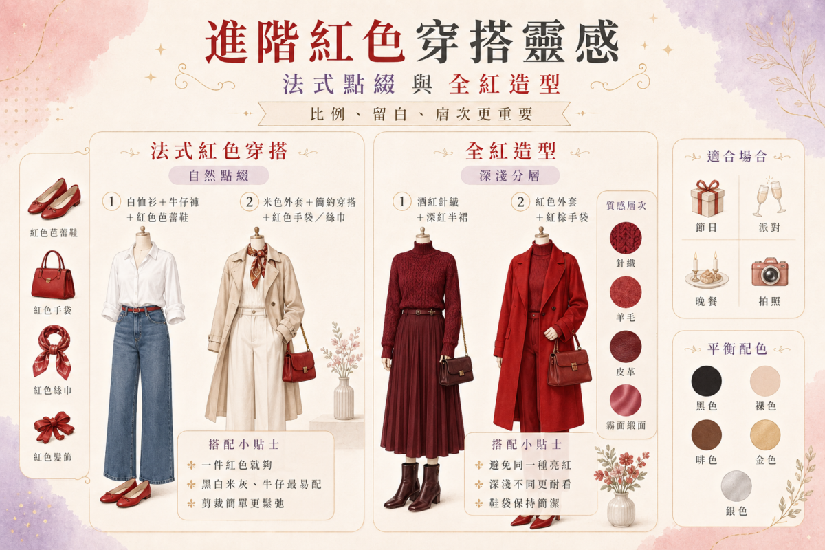 進階紅色穿搭指南資訊圖表,以雙欄對比呈現「法式自然點綴」與「All Red 全紅分層」兩種風格,詳細圖解小面積配件點綴、深淺酒紅配色公式、材質混搭技巧以及日常與派對節日的場合應用建議。
