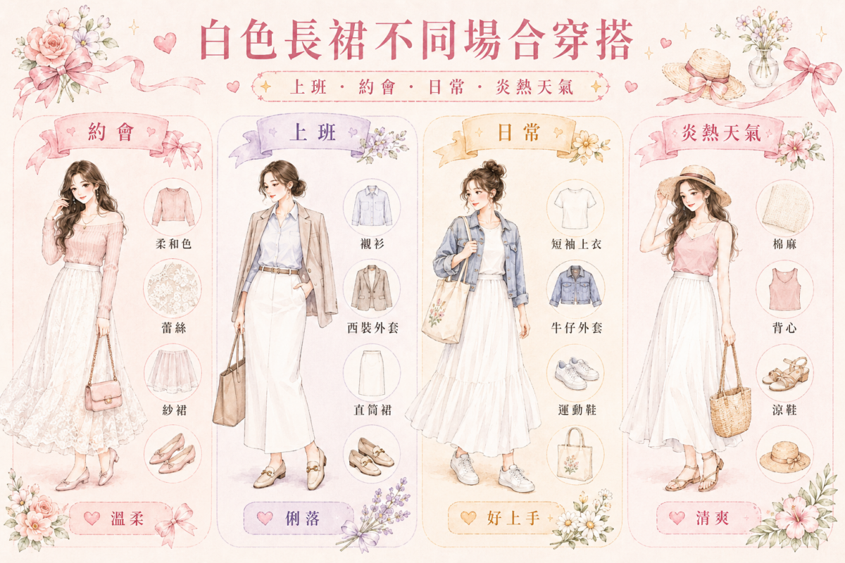 白色長裙4大場合穿搭公式速查指南資訊圖表,包含約會、上班、日常與炎熱天氣的長裙款式、上衣搭配、材質選擇與鞋款推薦。