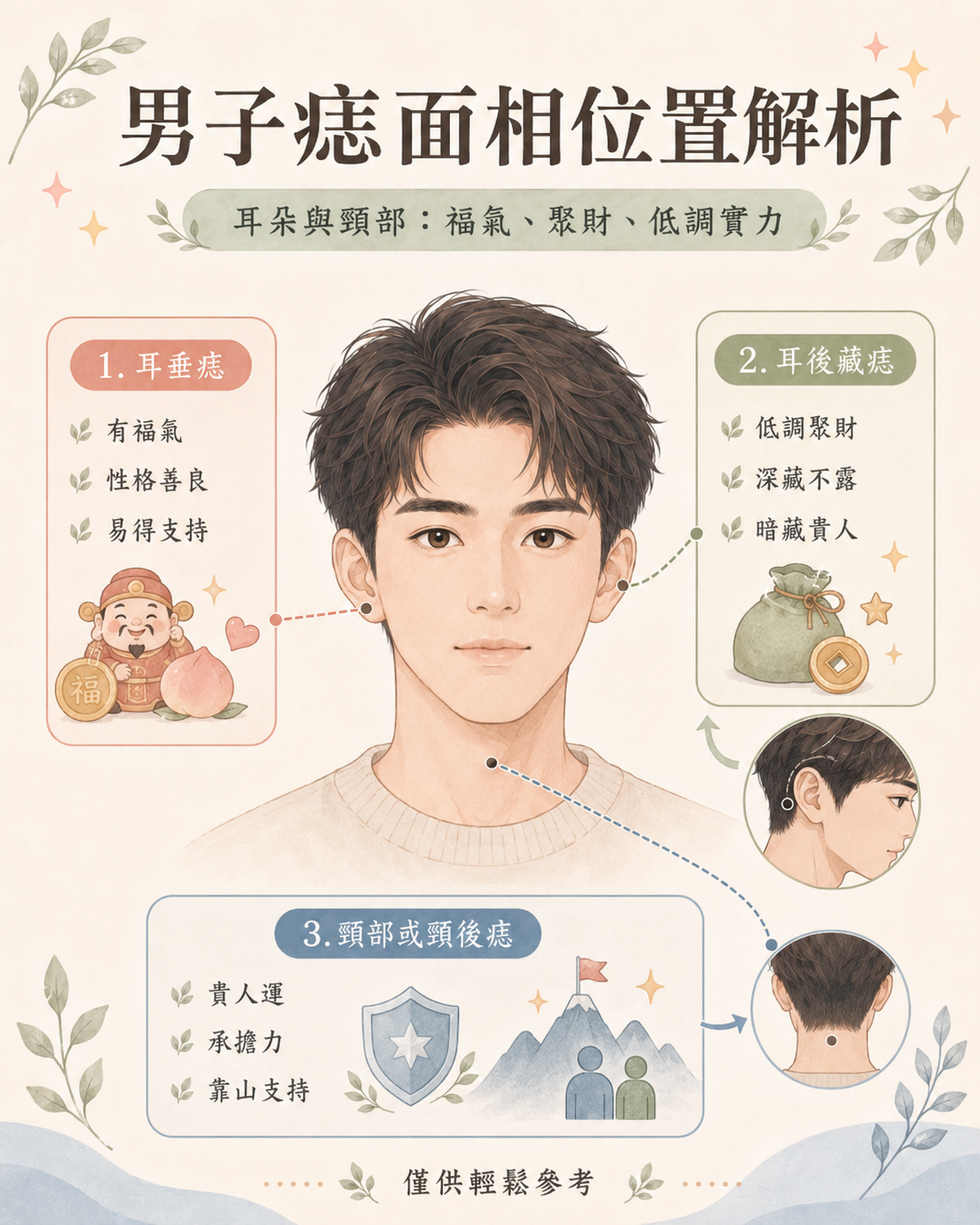 耳朵與頸部痣相特徵圖解:一圖速查耳垂痣、耳後痣、頸部痣與頸後痣的對應位置,解析其所代表的福氣、聚財、低調實力與貴人運等性格特徵。