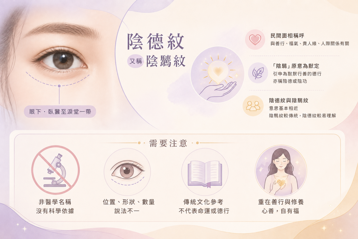 陰德紋與陰騭紋面相解析圖:名稱由來、眼下位置與民間福氣貴人緣象徵說明。