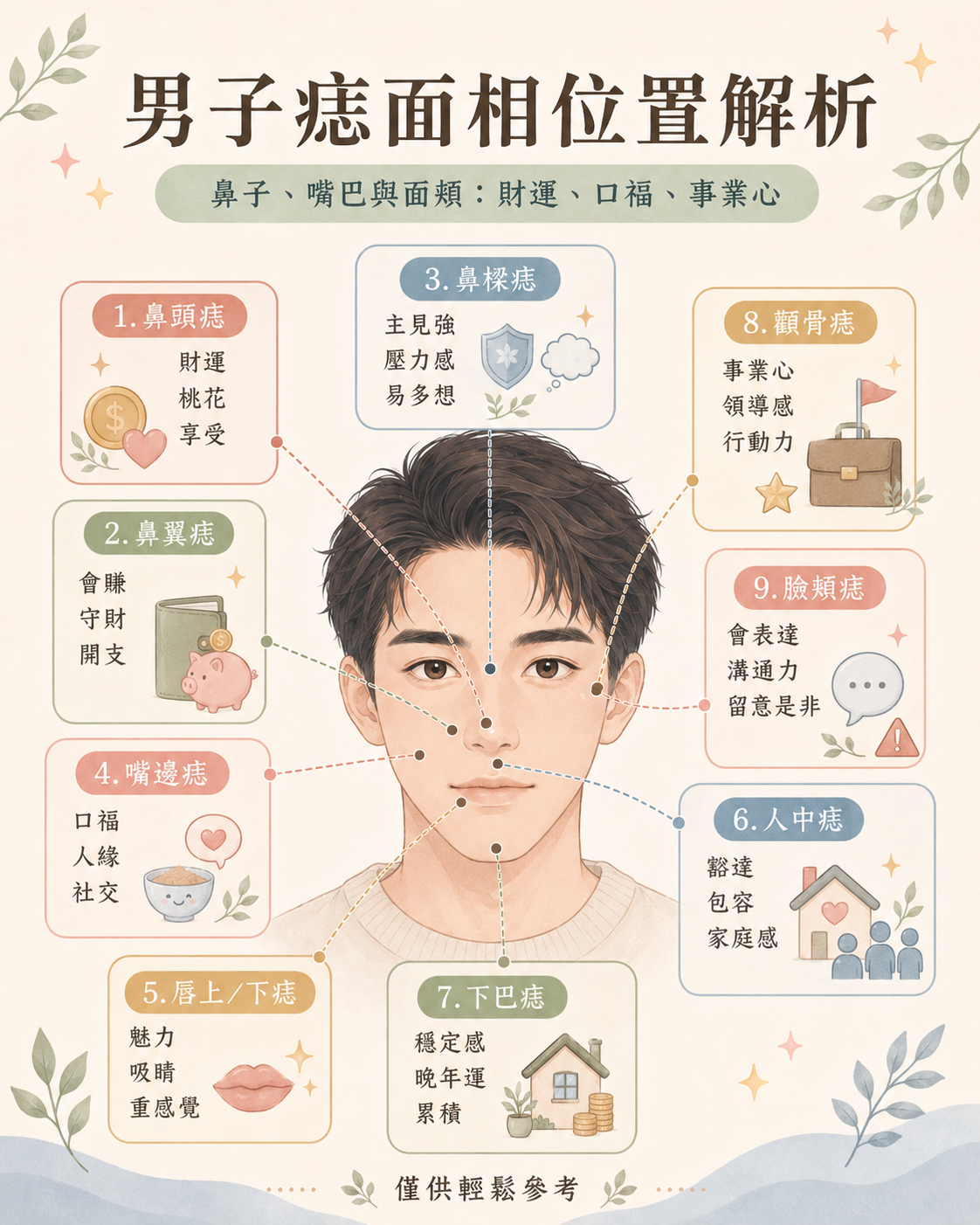男生中下部面相痣特徵圖解:一圖速查鼻頭、鼻翼、鼻樑、嘴邊、唇上、人中、下巴、顴骨與臉頰痣的對應位置,解析其所代表的財運、桃花運、事業心、人緣與口福等性格特徵。