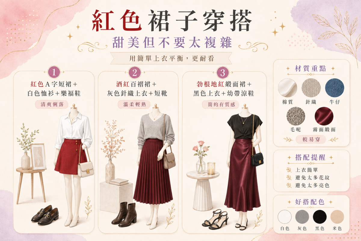 紅色裙子穿搭公式與材質挑選指南資訊圖表,以視覺化清單呈現紅色A字短裙配白襯衫、酒紅百褶裙配灰針織、勃根地紅緞面裙配黑上衣的3大日常風格,並對比日常霧面材質(棉質、牛仔)與特殊場合亮面材質的實穿度挑選建議。