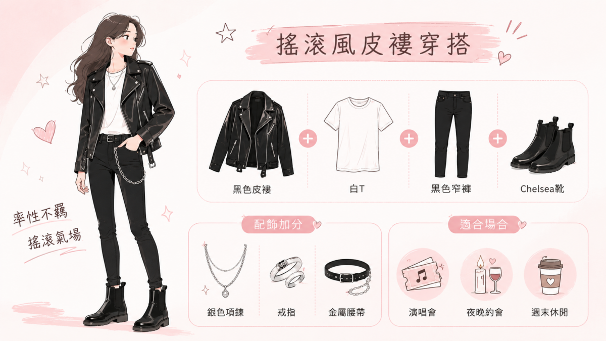 黑色皮褸搭配白T、黑色窄褲及 Chelsea Boots，是最經典的 Rock Chic 搖滾風造型。
