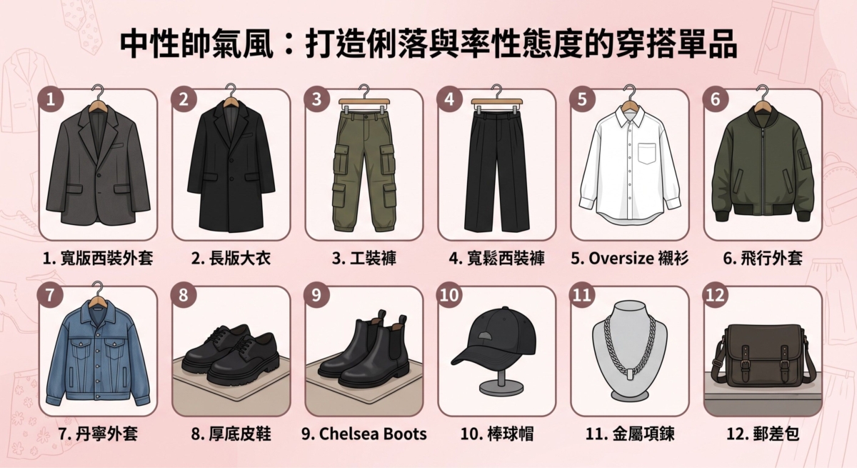 中性帥氣風整體配色通常以黑、灰、白與軍綠等低彩度色系為主，呈現成熟又率性的風格。