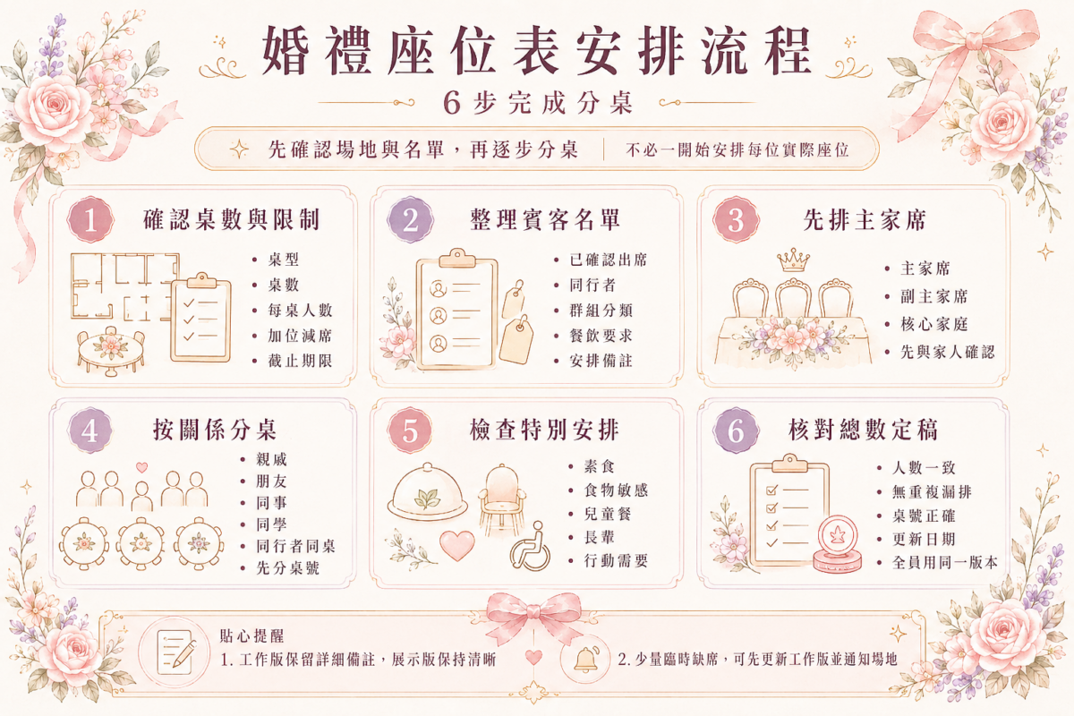 婚禮座位表安排6大步驟流程圖：從確認場地限制、整理賓客名單、主家席安排到最終鎖定版本的完整分桌指南。