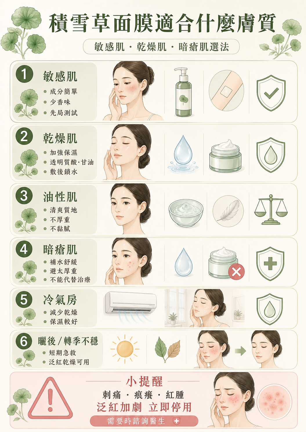 不同膚質挑選積雪草面膜指南資訊圖：一圖速查敏感肌、乾燥肌、油性肌、暗瘡肌、冷氣房及曬後轉季不穩等6大膚況情境的Cica面膜成分挑選重點與護膚避坑指南。
