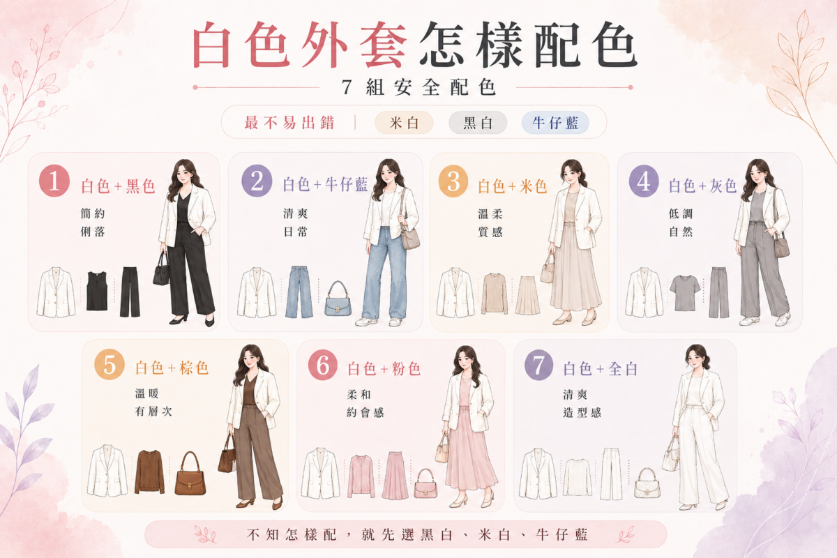 白色外套配色靈感指南資訊圖表:一圖看懂白色外套配黑色、牛仔藍、米色、灰色、棕色、粉色與全白的風格呈現與實穿搭配技巧。
