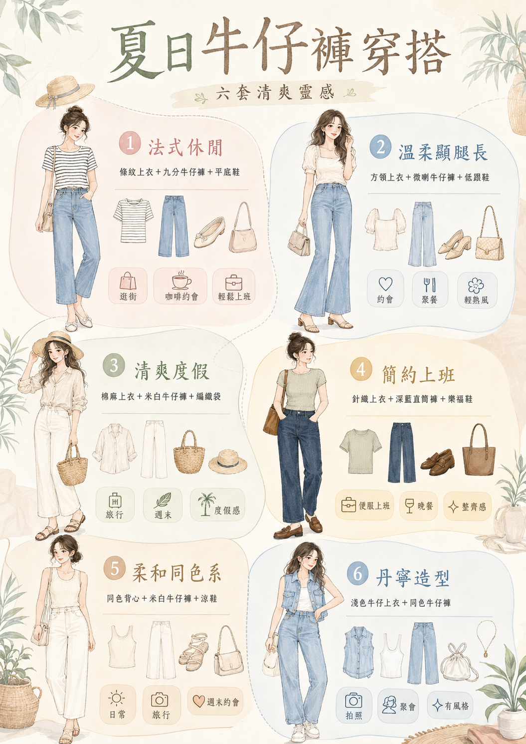 夏日牛仔褲穿搭公式懶人包資訊圖:一圖速查條紋T九分褲、方領微喇褲、棉麻米白褲、針織深藍直筒褲、同色系背心米白褲及全身丹寧穿搭等不敗顯瘦穿搭指南。