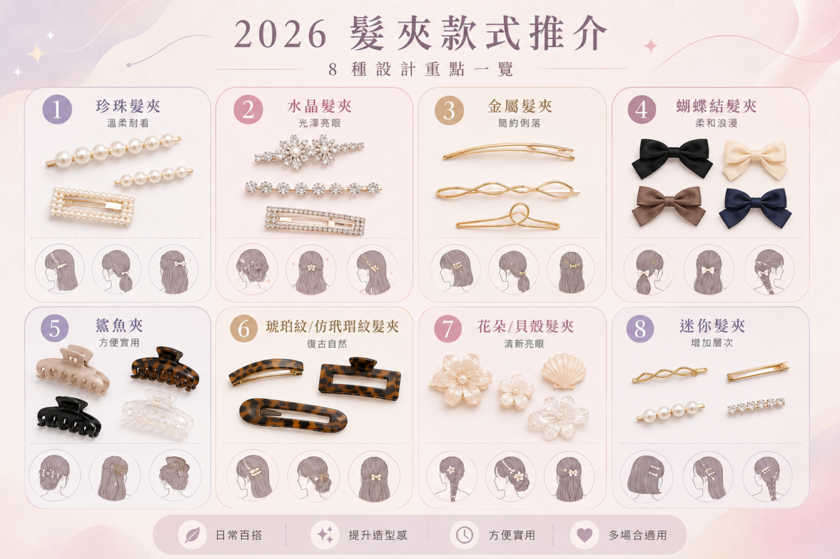 2026年8種熱門髮夾種類推薦與適用場合對比圖:珍珠、水晶、金屬、蝴蝶結、鯊魚夾、琥珀紋、花朵貝殼及迷你髮夾的風格與編髮用途總結懶人包。