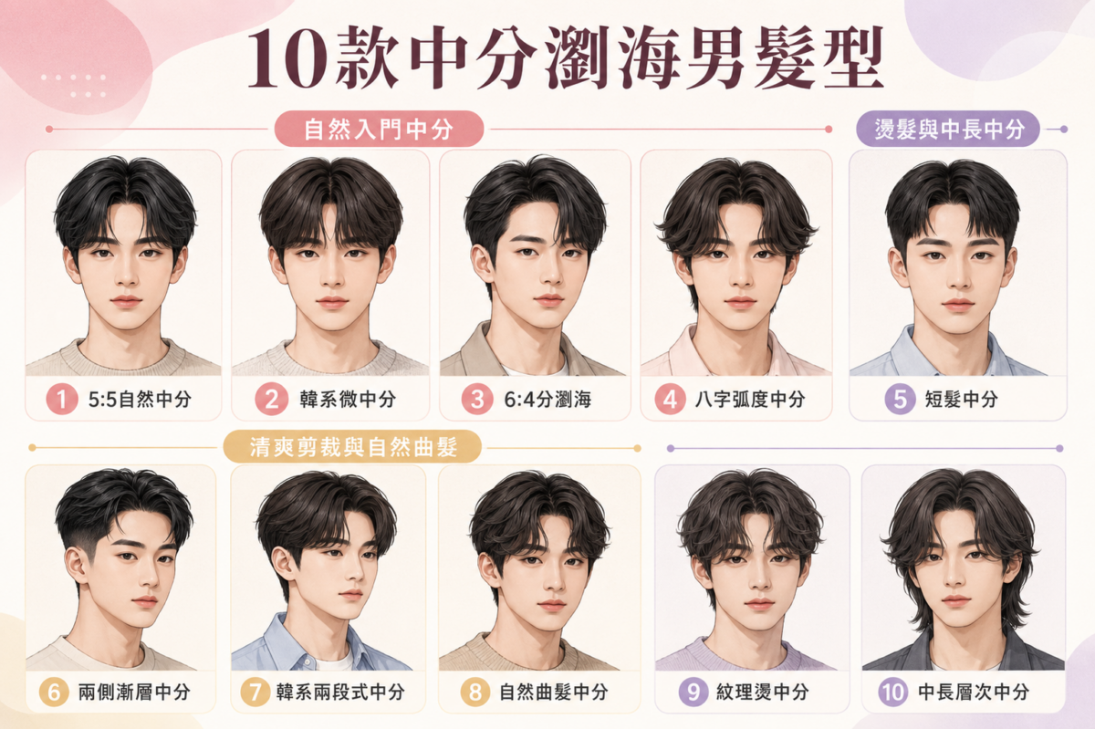 10款男生中分瀏海髮型對照指南圖:包含5:5中分、韓系微中分、6:4分、紋理燙等10款髮型的適合臉型與髮質速查網格。